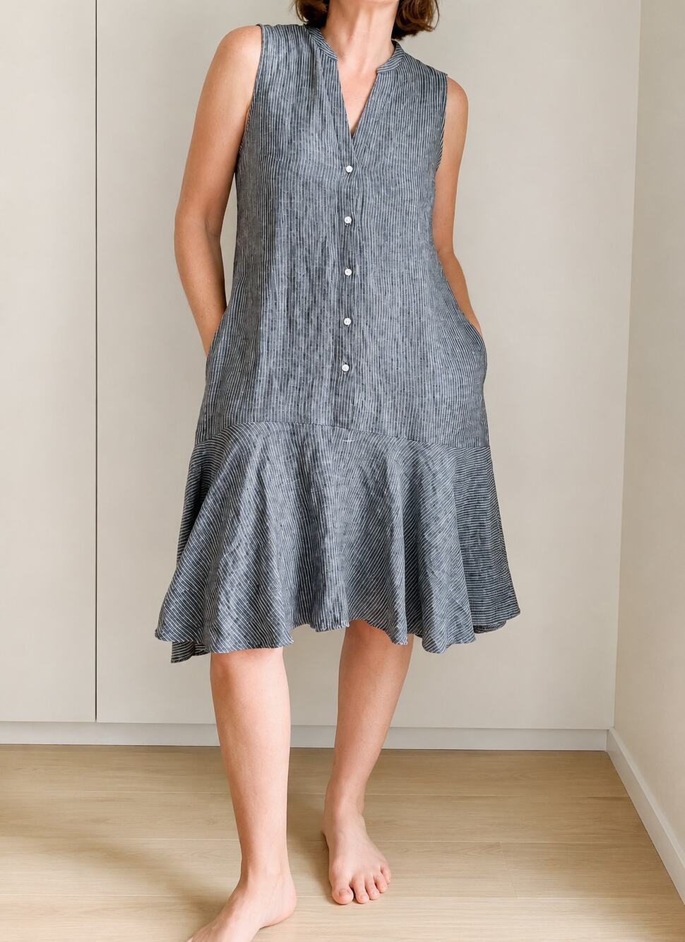 Soft Surroundings Womens Linen Summer Dress Striped gray Size M Lagen look